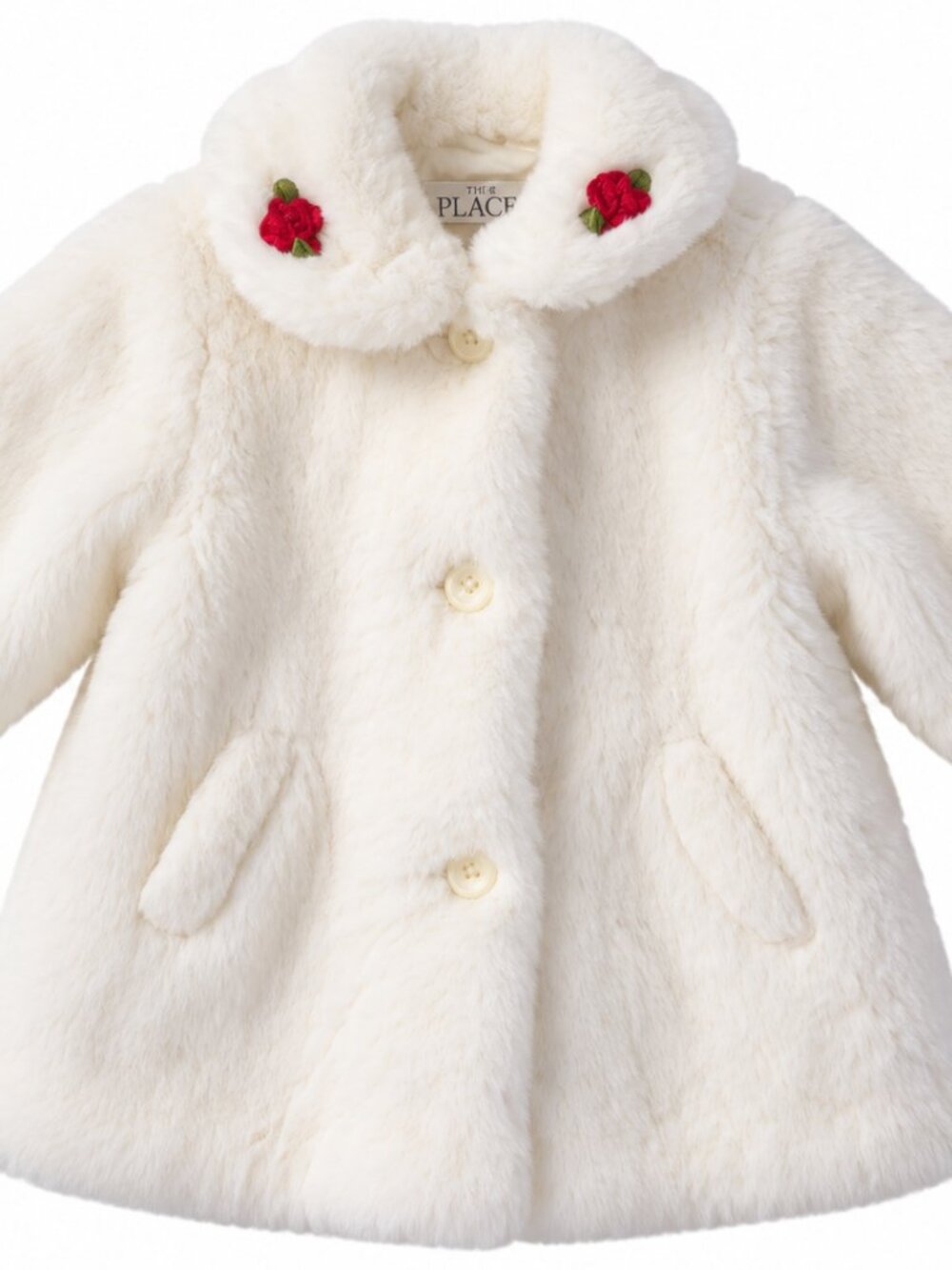 The Children’s Place Baby Girl 6-9M Ivory Faux Fur Coat Red Rose Floral